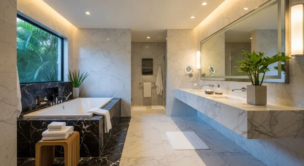 bathroom with marble and stone finishes luxury spa aesthetic