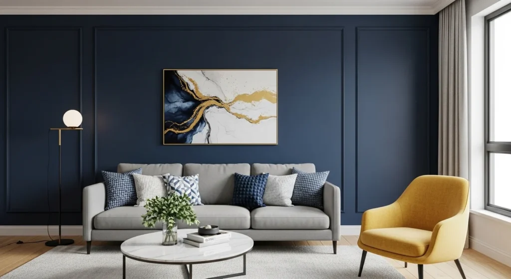 living room with bold accent wall adding dramatic focal point