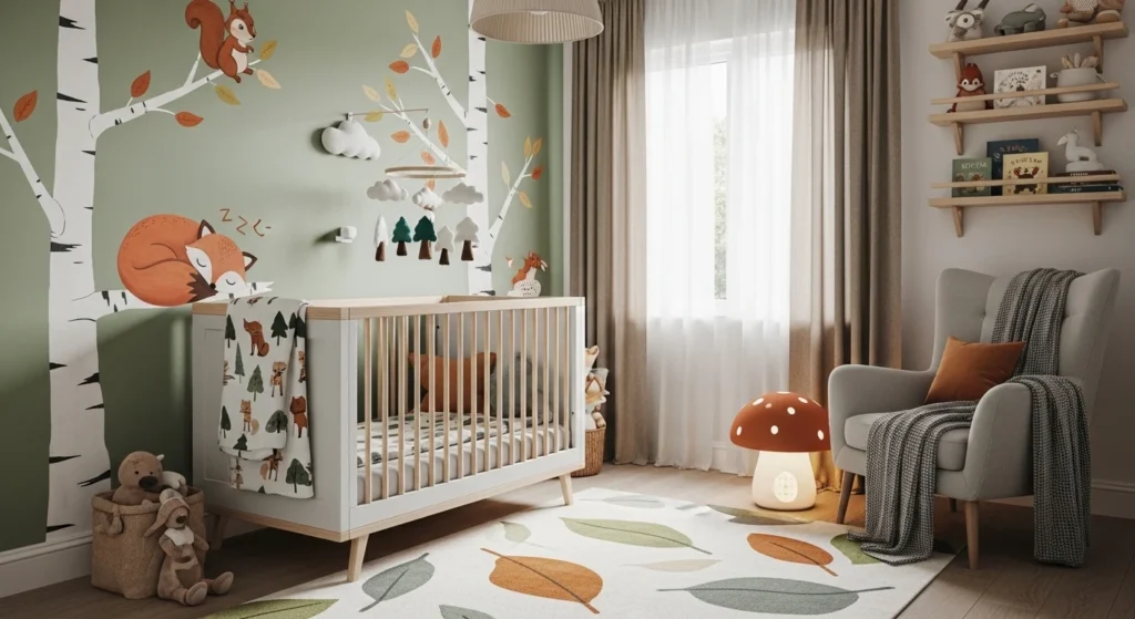 boys nursery woodland theme with trees and earthy tones
