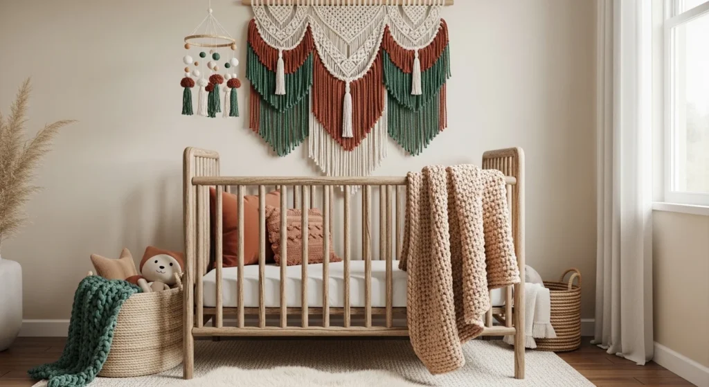 boho girls nursery with macrame decor and cozy textures