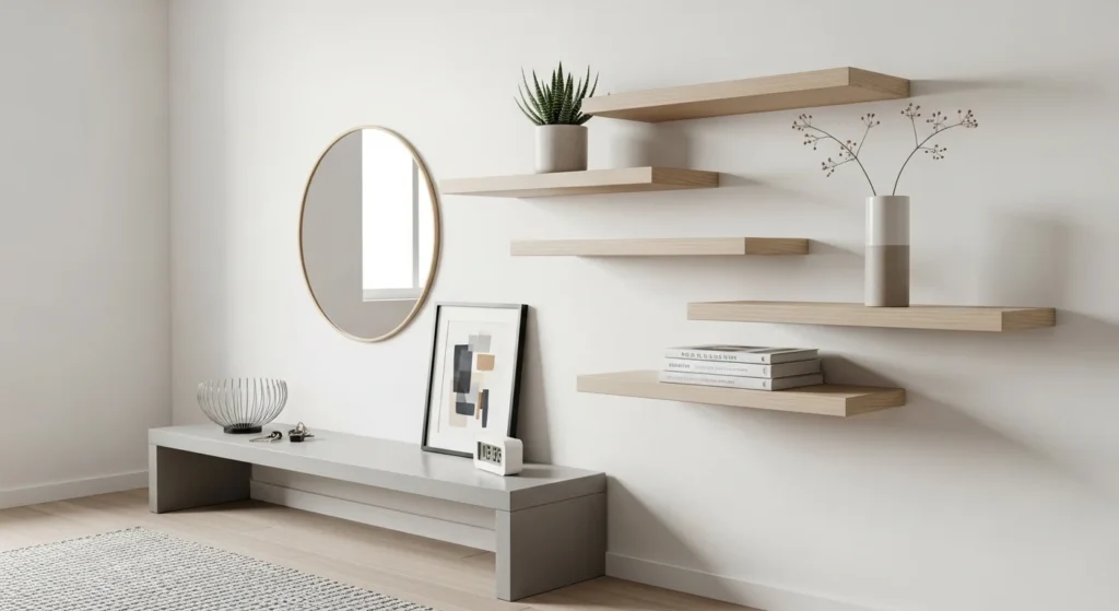 small entryway with floating shelves for decor and storage