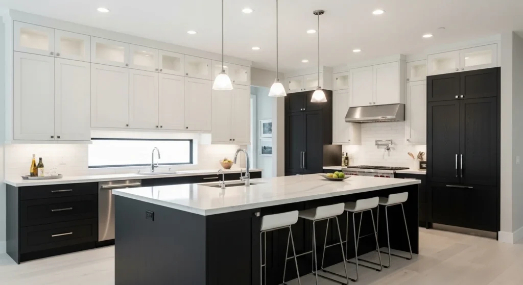 kitchen with two tone cabinets white and dark contrast design
