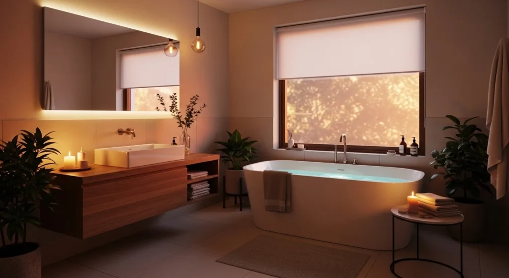 bathroom with warm lighting creating cozy and relaxing atmosphere