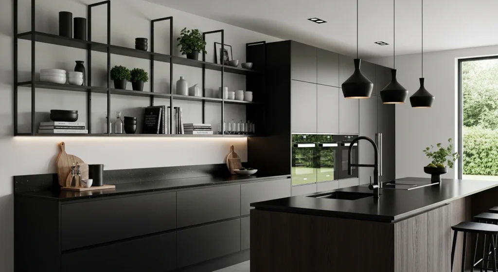 black kitchen open shelves with decor and modern styling