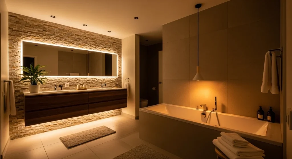 bathroom with warm layered lighting creating cozy atmosphere