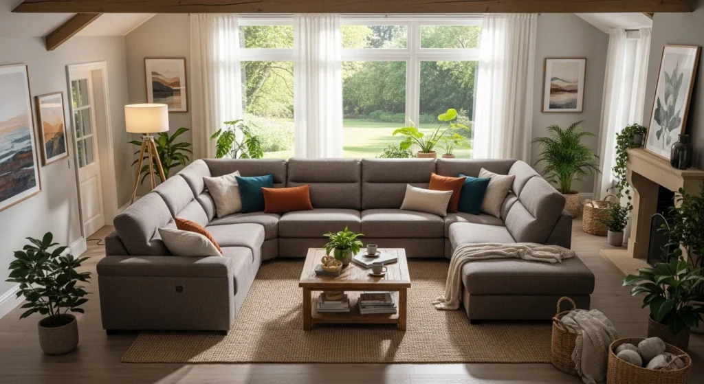 large living room with U shaped sectional sofa cozy seating layout