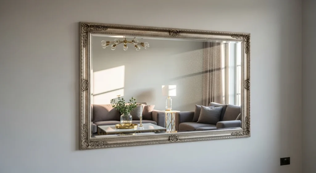 living room wall with decorative mirror reflecting light and space