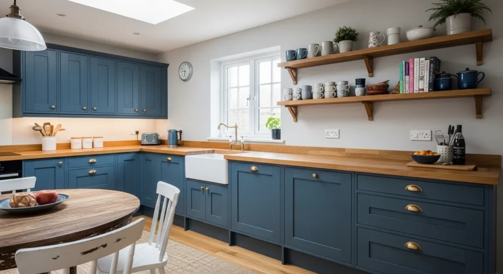 blue kitchen cabinets with wooden accents warm modern look