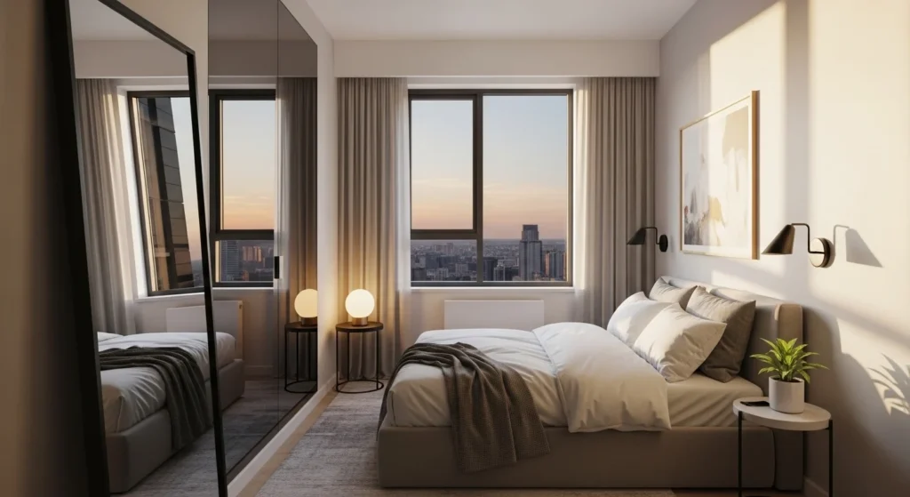 small bedroom with mirror reflecting light to create spacious illusion