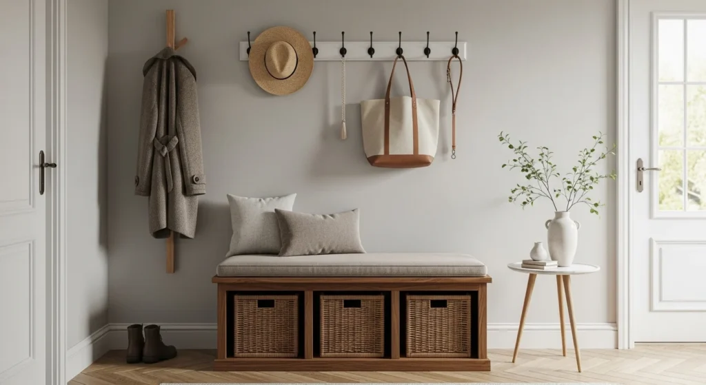 foyer with storage bench seating and organized entryway design