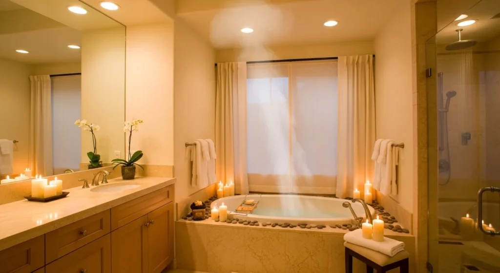 master bathroom with soft warm lighting relaxing spa vibe