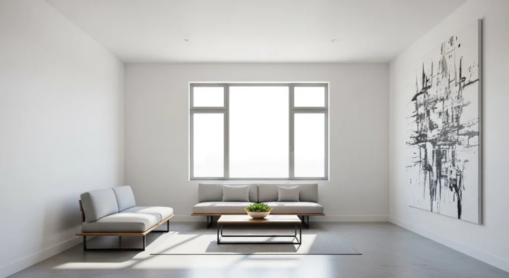 minimalist living room with white walls bright clean modern look