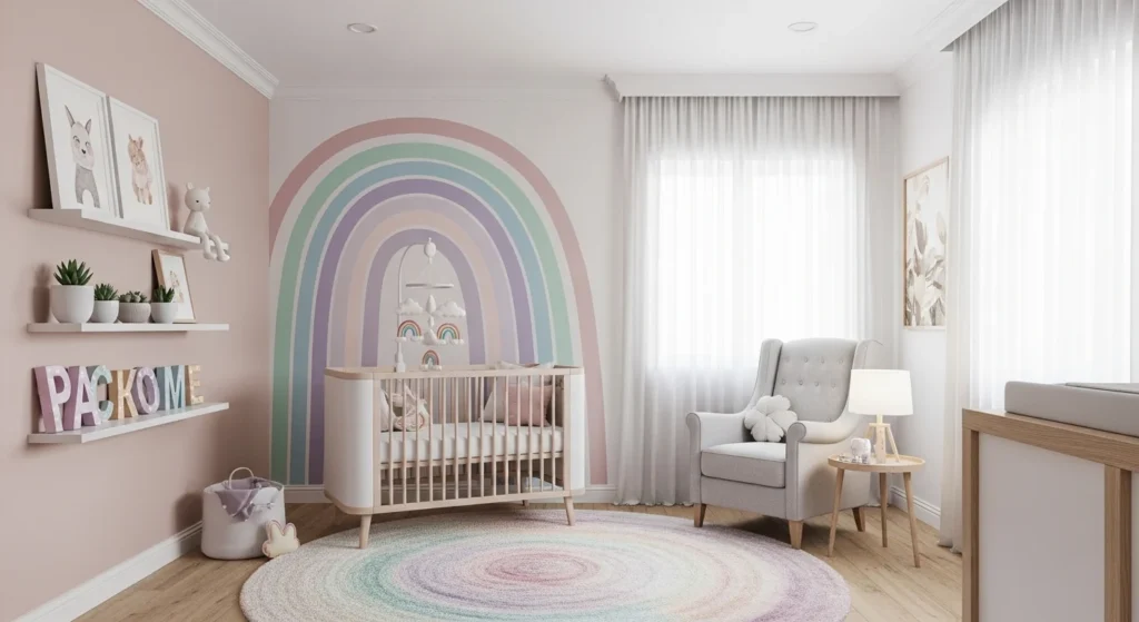 girls nursery with pastel rainbow theme soft playful design