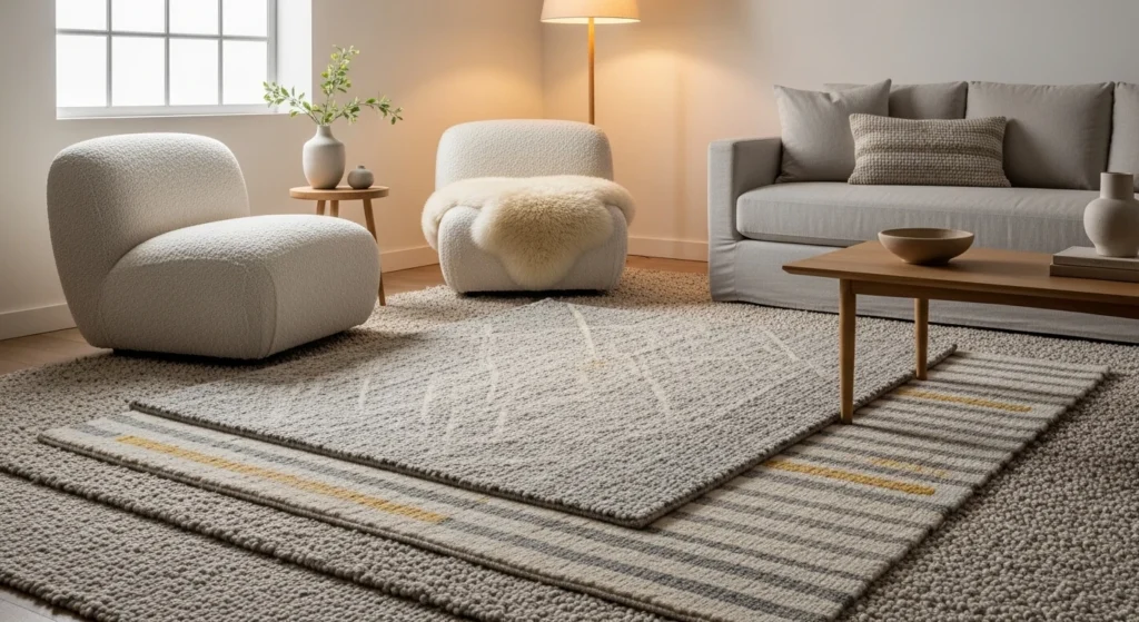 living room with layered rugs adding warmth and texture