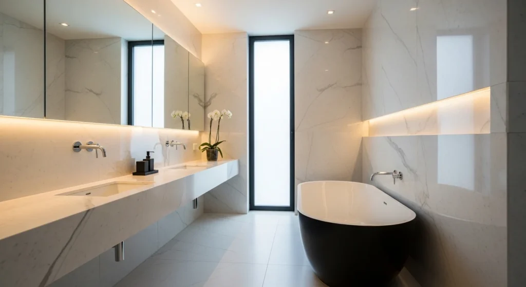bathroom with marble textures giving luxury and elegant appearance