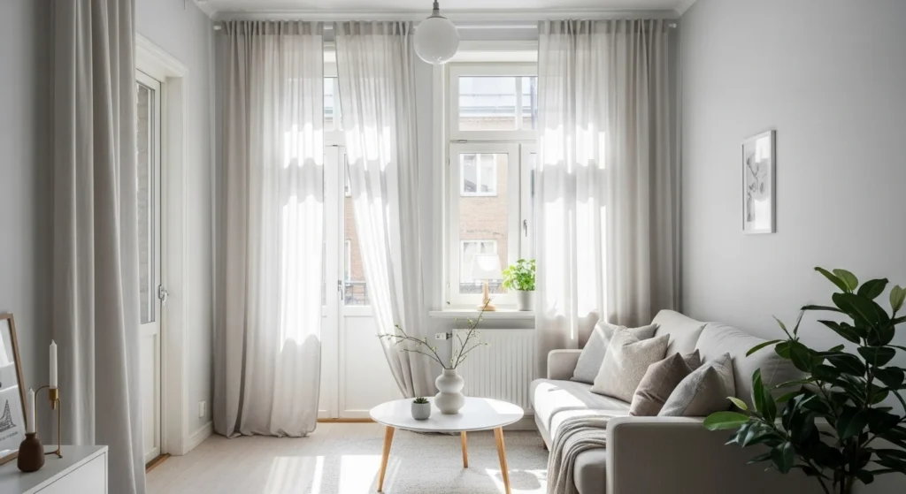 small living room with sheer light curtains bright airy space