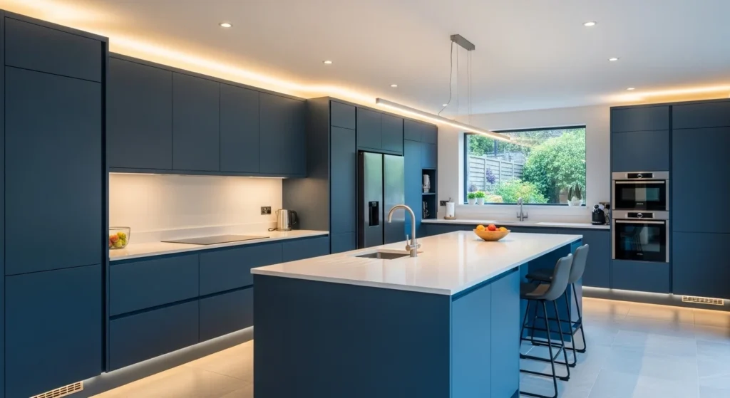 deep blue kitchen cabinets creating bold modern statement