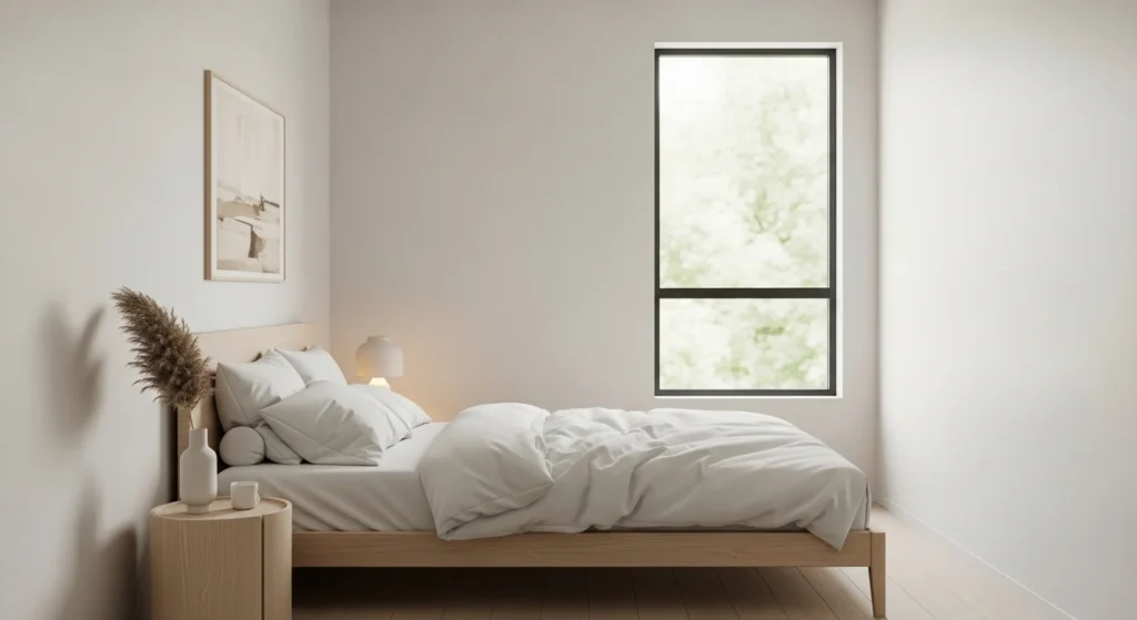 minimalist small bedroom with clean design and clutter free layout