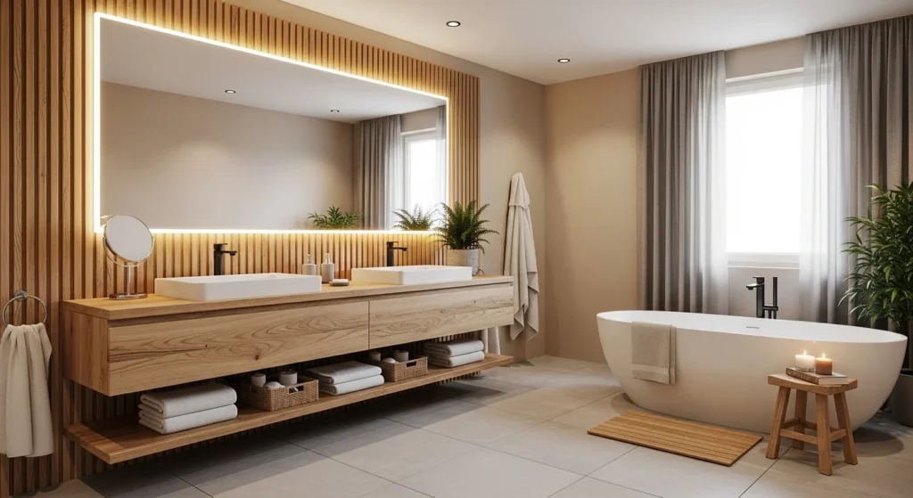 bathroom with wooden vanity and natural warm accents