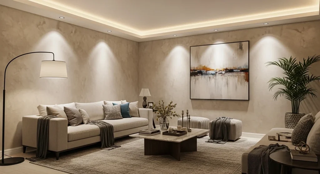 living room with textured wall paint adding depth and luxury feel
