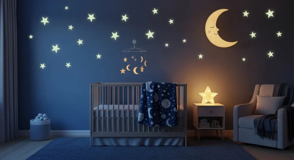 boys nursery with moon and stars theme cozy lighting