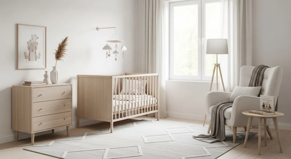 scandinavian girls nursery with light wood and minimal decor