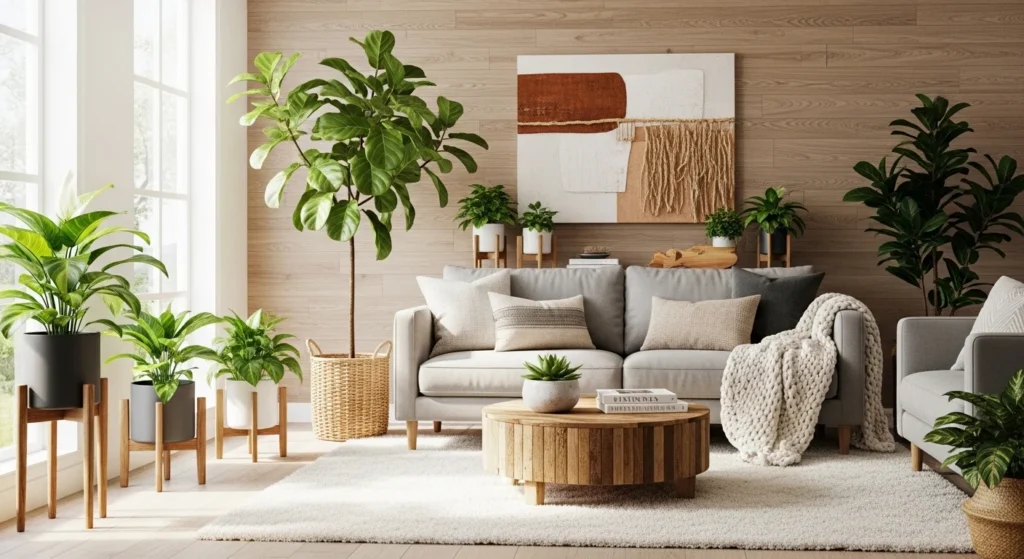 living room with plants and wood decor creating natural vibe