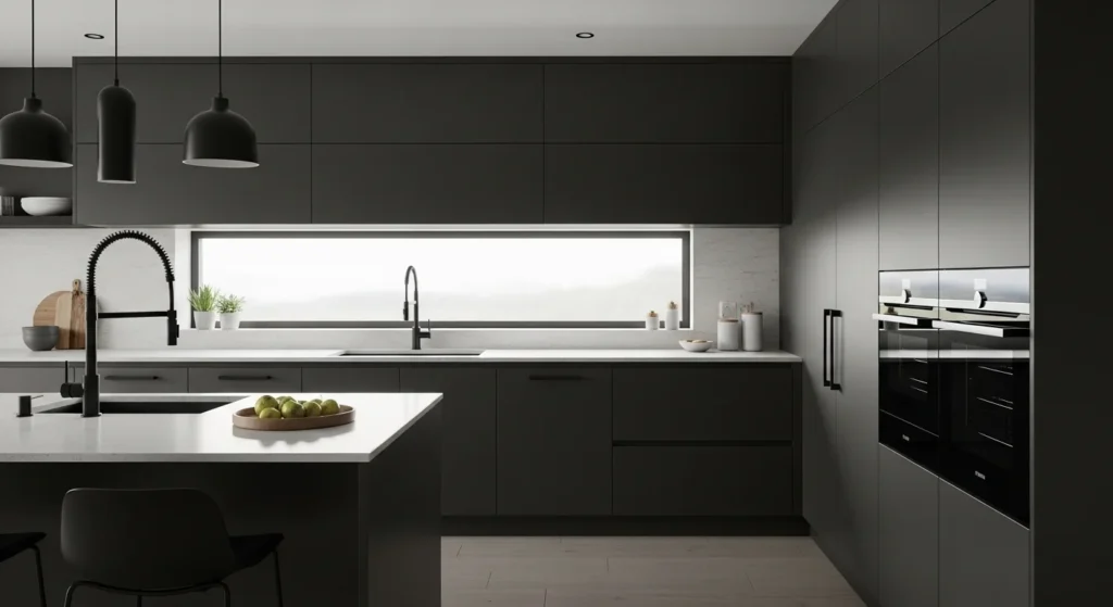 kitchen with matte black fixtures creating modern contrast