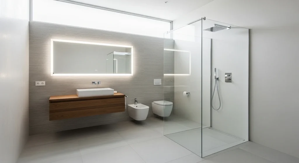 bathroom with glass shower enclosure creating open modern layout