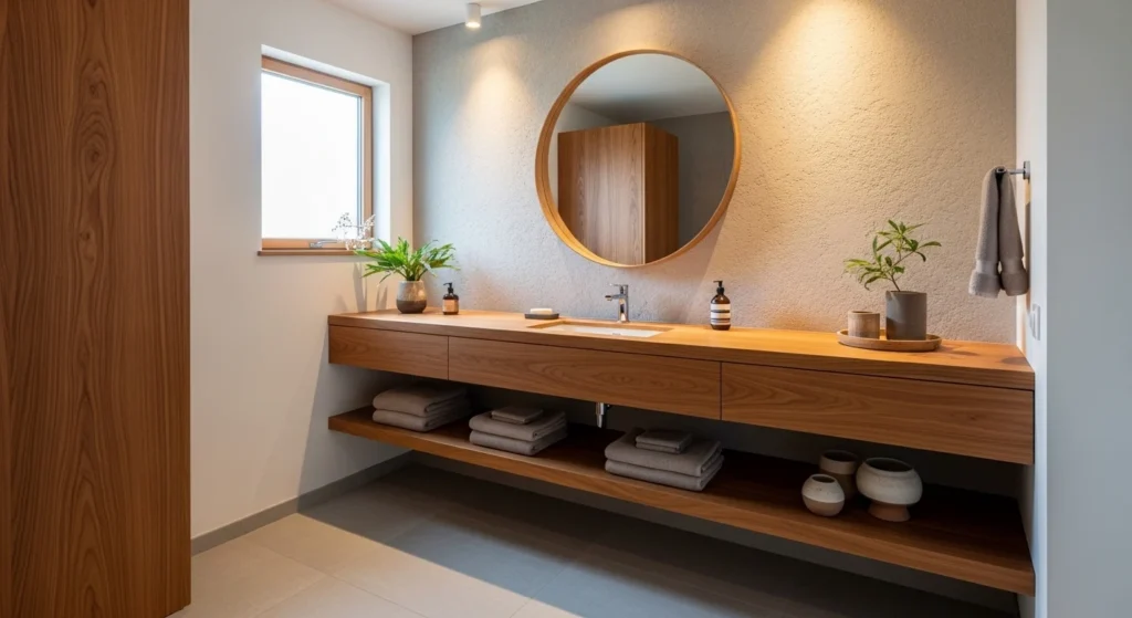 bathroom with wood accents adding warmth and natural feel