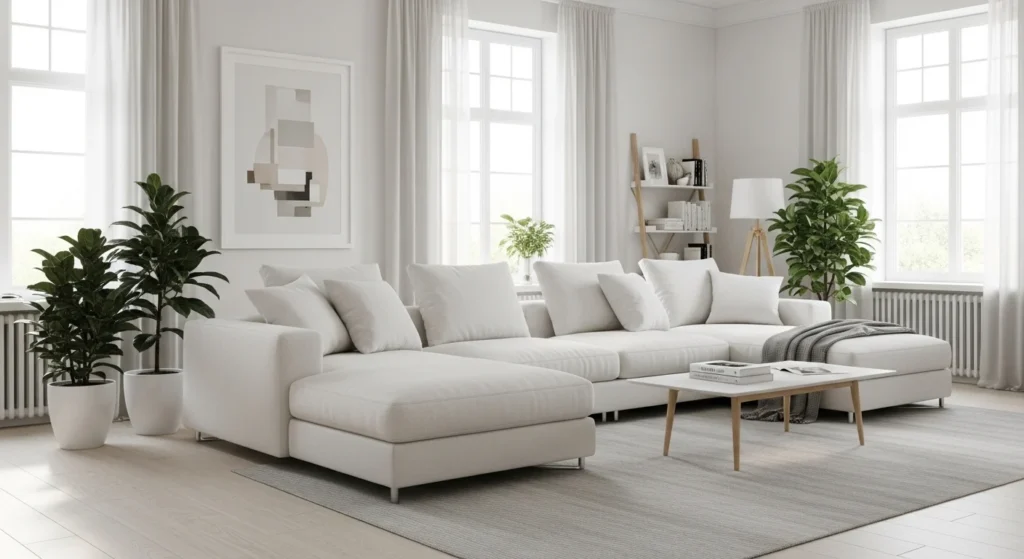 minimalist living room with white sectional sofa bright airy design
