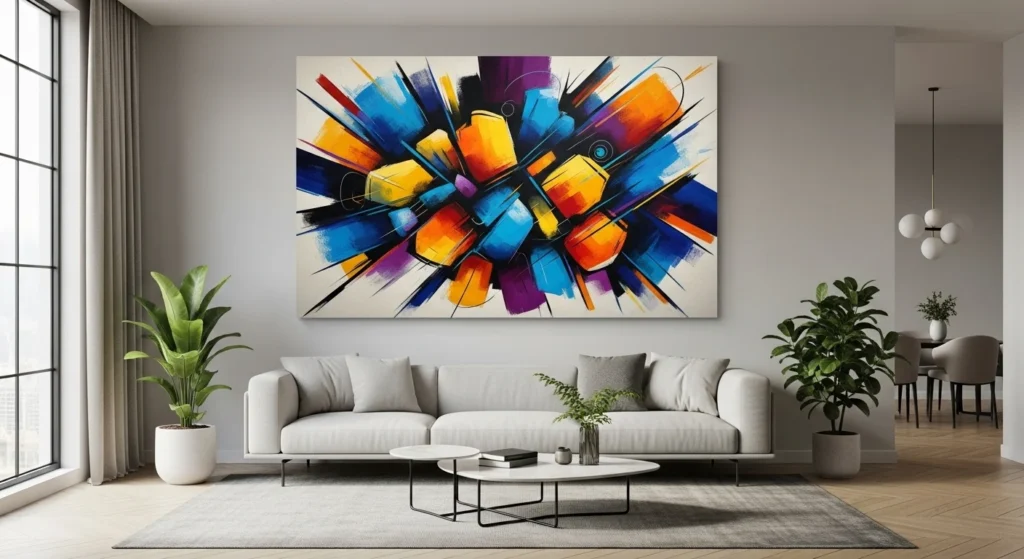 living room abstract wall art adding color and modern aesthetic
