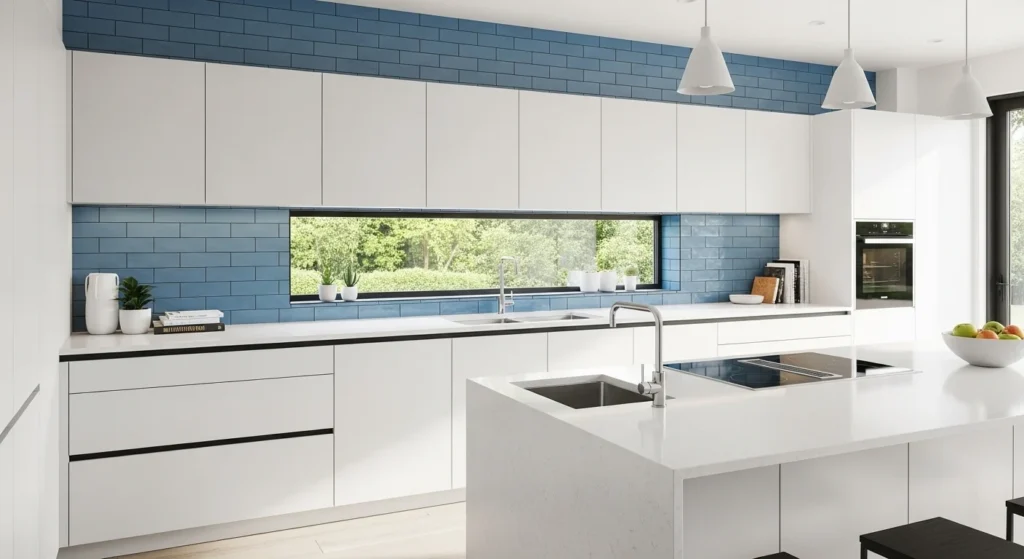 kitchen with blue backsplash and white cabinets modern design