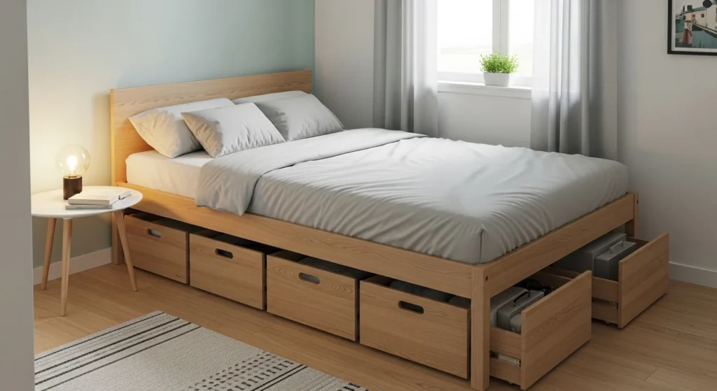 small bedroom with under bed storage keeping room organized and spacious