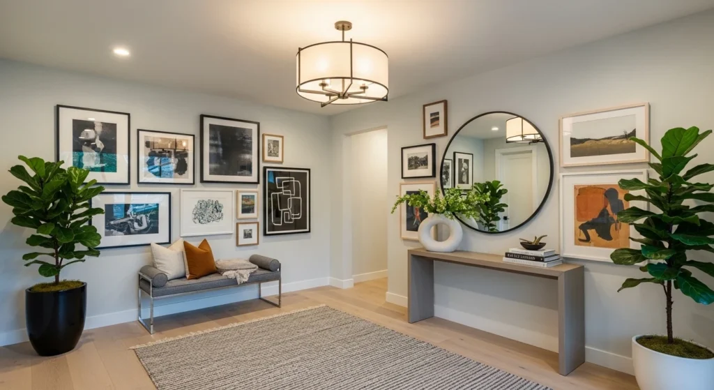 foyer wall with modern art frames adding personality and style