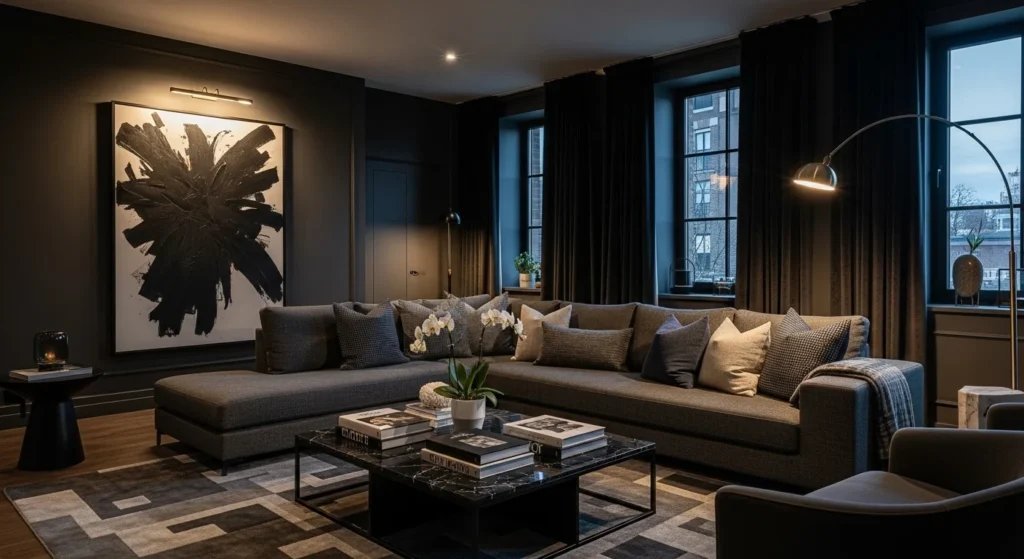 living room with dark wall paint creating cozy moody atmosphere