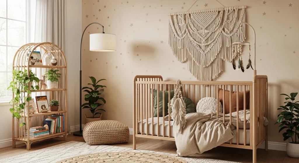 boho boys nursery with earthy tones and cozy textures