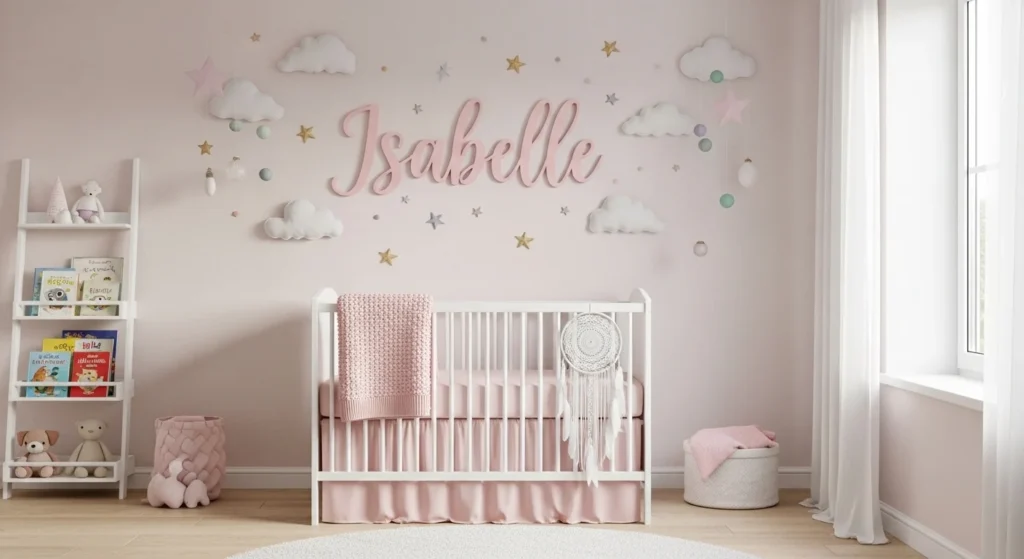 girls nursery with personalized name wall soft aesthetic decor