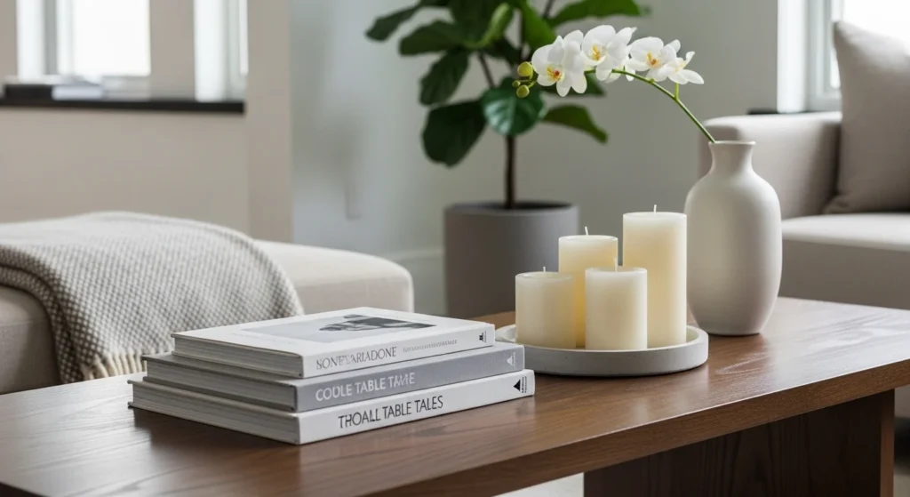 styled coffee table with books candles and decor modern living room