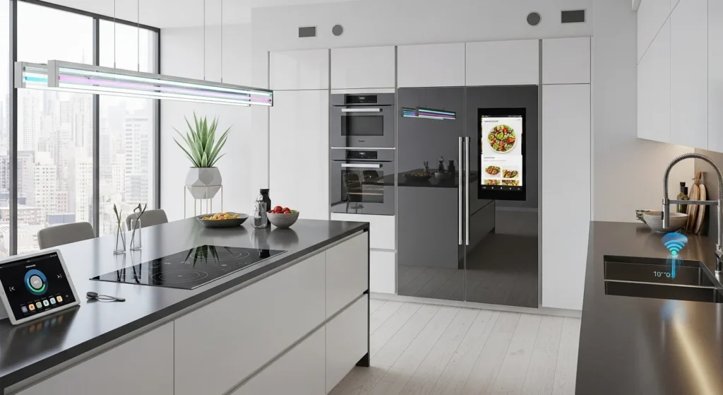smart kitchen with modern appliances and high tech features
