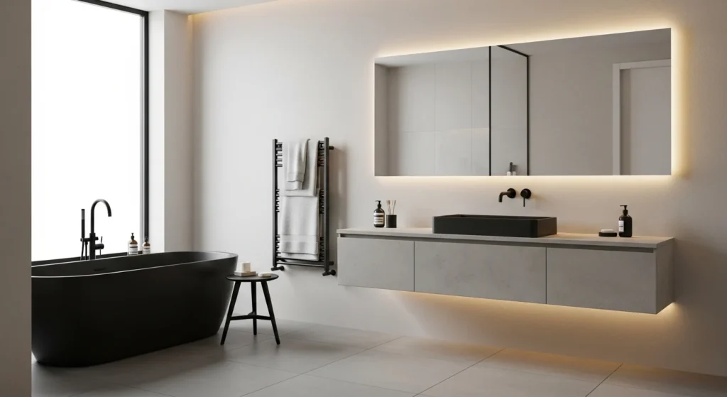 bathroom with black fixtures adding modern contrast and style