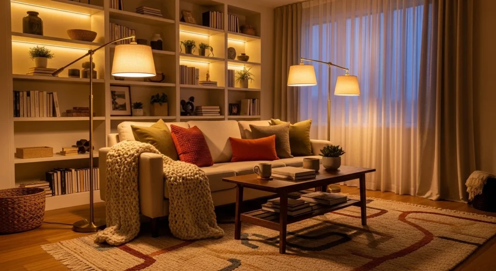 small living room with layered lighting warm cozy glow