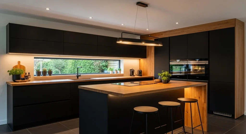 black kitchen with wood accents warm modern design