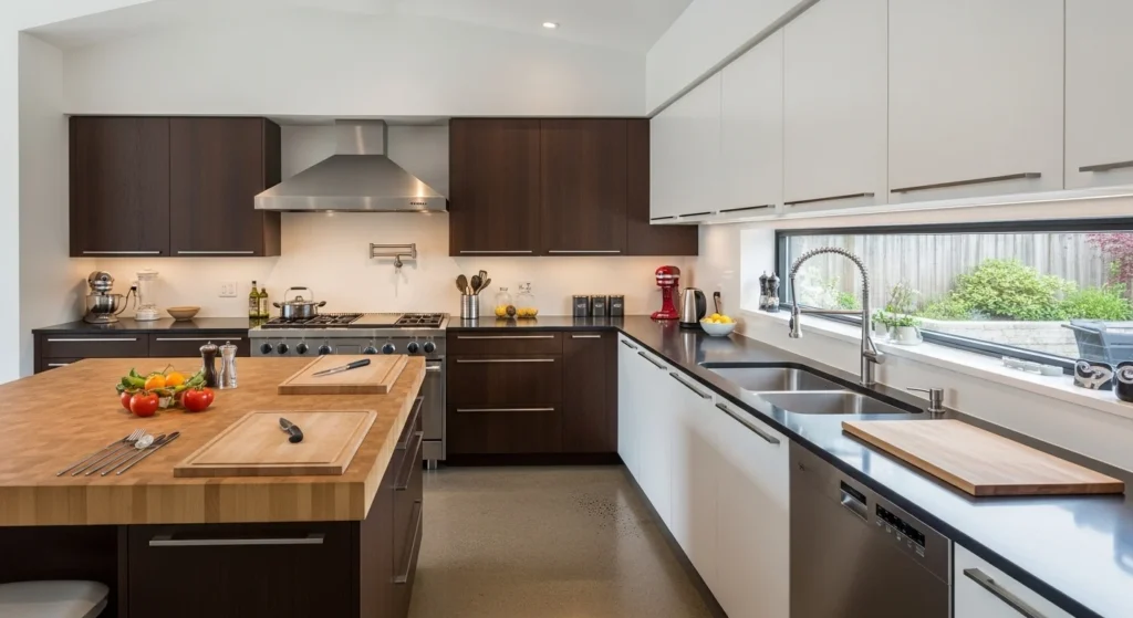 kitchen with zoned layout for cooking prep and cleaning modern organization