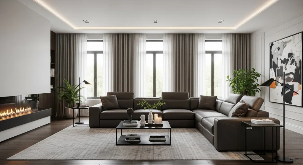 living room with leather sectional sofa luxury modern interior