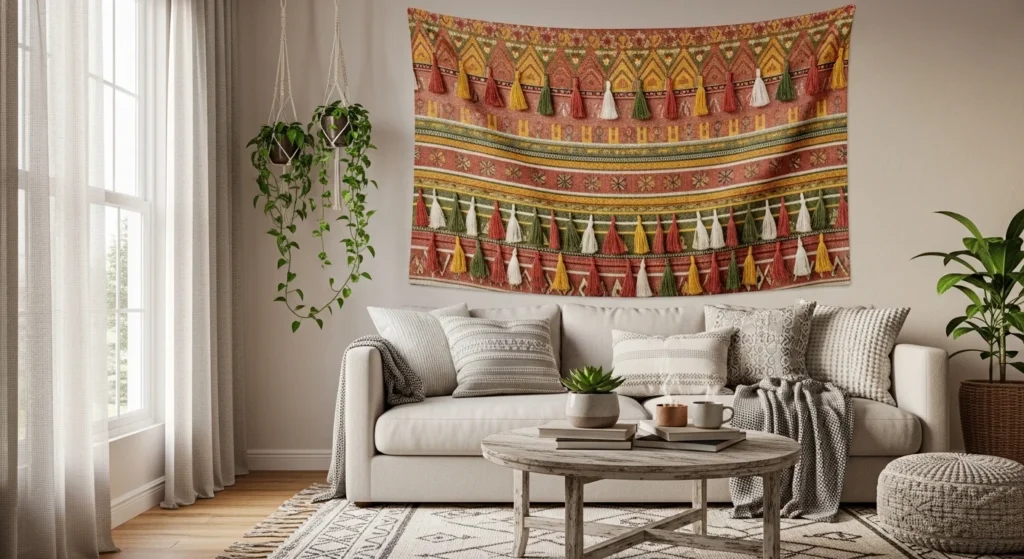 living room tapestry wall decor cozy boho style aesthetic