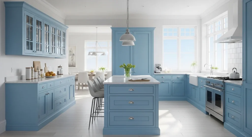 sky blue kitchen with open layout bright airy feel