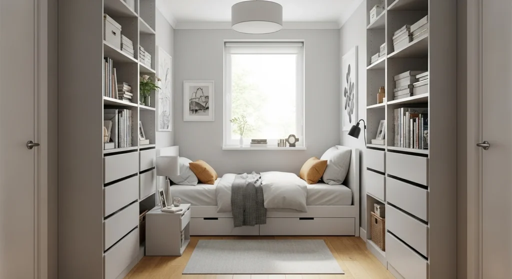 small bedroom with vertical wall storage maximizing space efficiently
