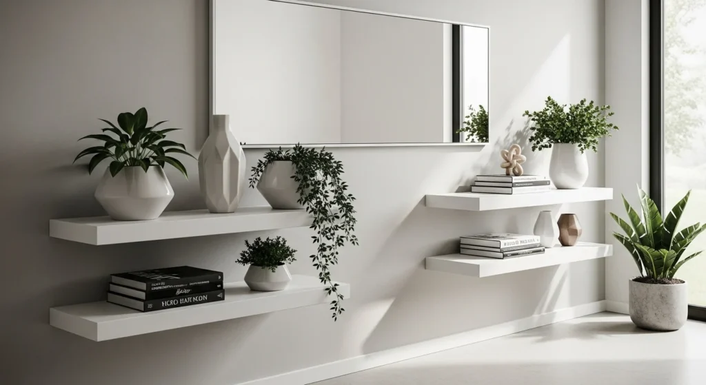 foyer with floating shelves displaying decor and plants