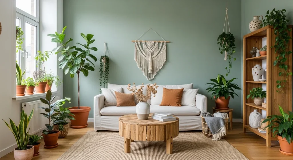 living room with green walls and plants creating calm natural vibe